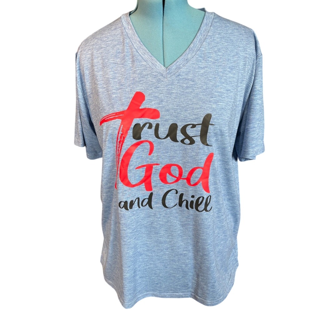 Trust God and Chill Blue Heathered V-Neck Graphic T-Shirt Women Christian